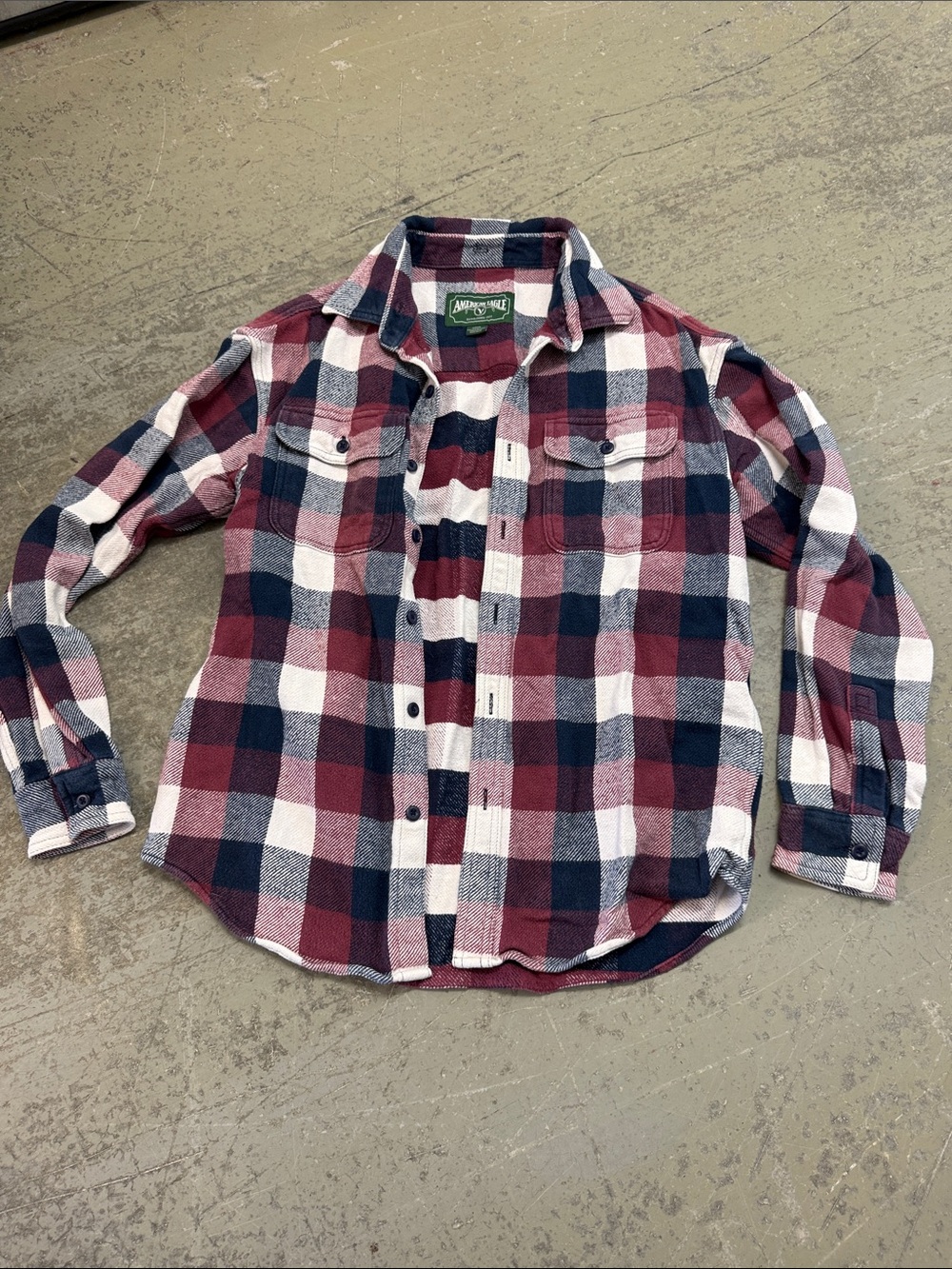 AEO Men’s Burgundy, Navy & White Plaid Button-Down Shirt